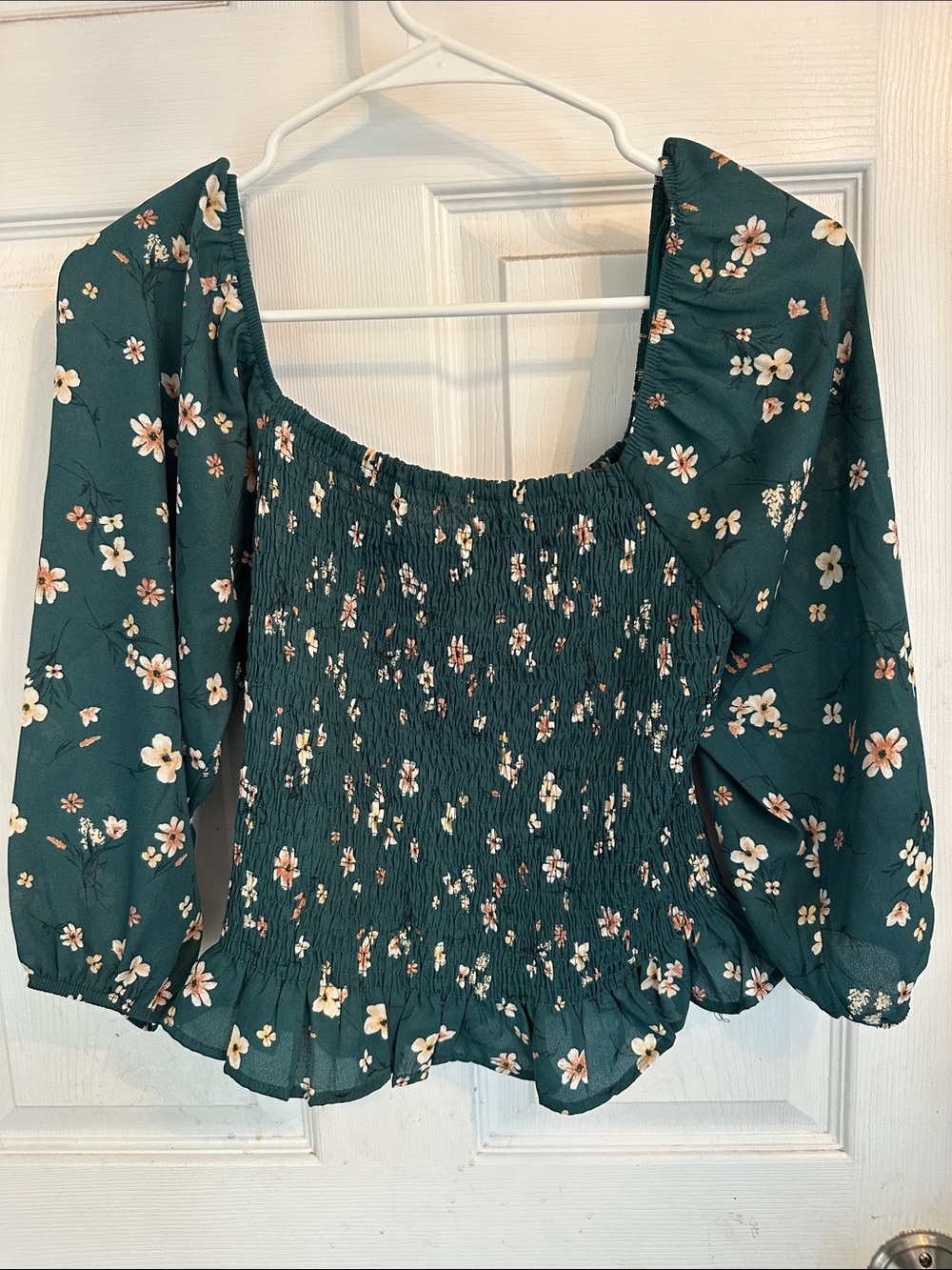 Paper Crane Teal Floral Smocked Square-Neck Blouse